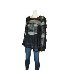 NWOT POL Black Sheer Lace Witchy Goth Whymsical Bell Sleeve Oversized Blouse S